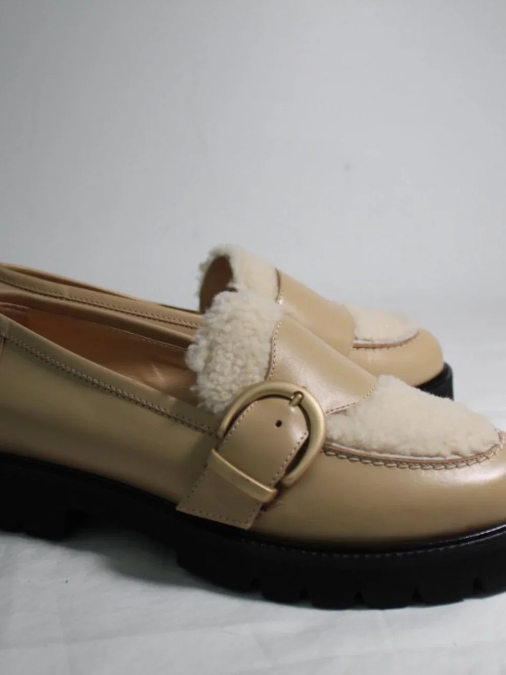 NEW Marion Parke Sawyer Loafers Two Tone Buckle Shearling Vamp Flats Slip Ons 40
